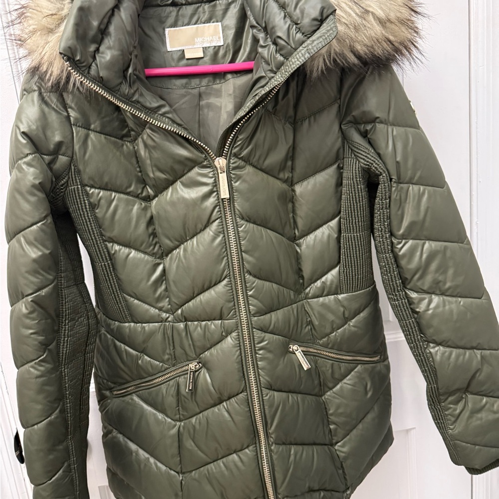MICHAEL Michael Kors Olive Puffer Jacket with Fur Hood